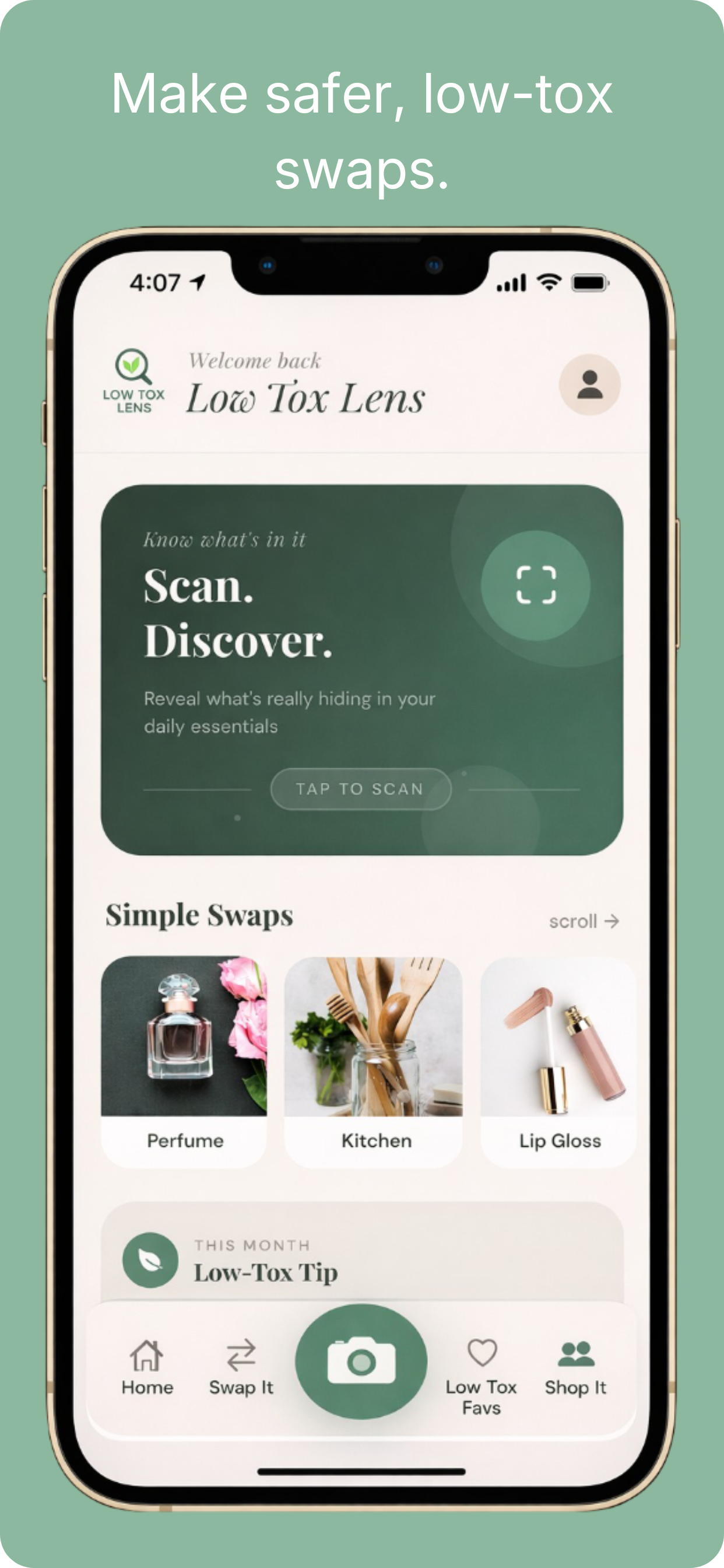 Low Tox Lens ingredient scanner app showing safety ratings for skincare, makeup, and household product ingredients